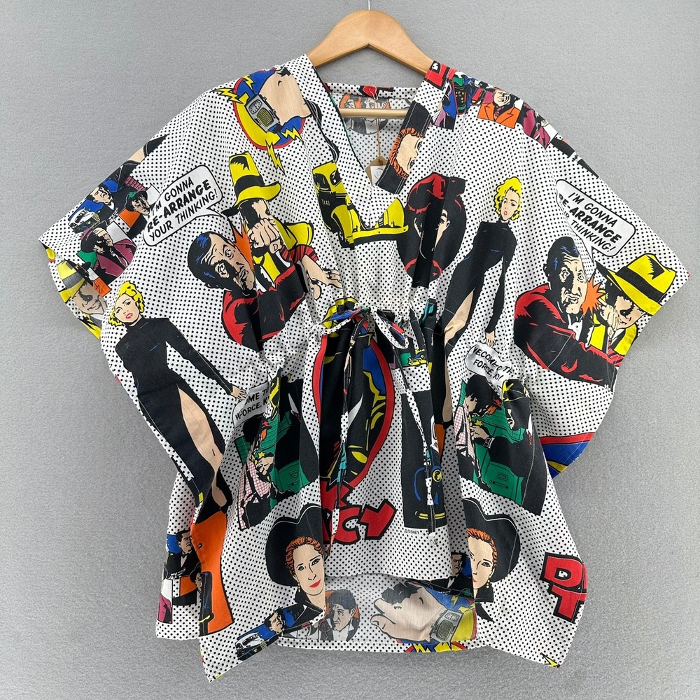VTG Upcycled Dick Tracy Comic Print Kaftan Swim Coverup SZ S-XL 90s Artcore